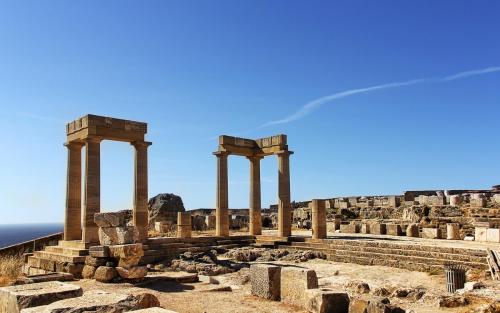Columns of the Helenistic Stoa in Lindos ruins, part of private tours